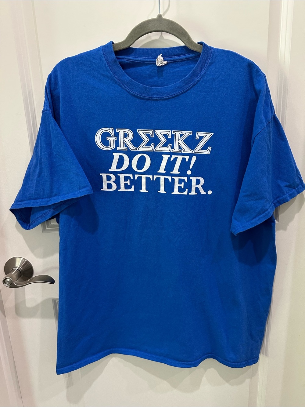 Royal Blue Graphic Tee with White 'GREEKZ DO IT! BETTER.' Print